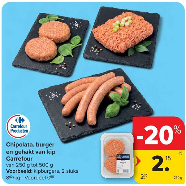 Chipolata, burger en gehakt van kip Carrefour