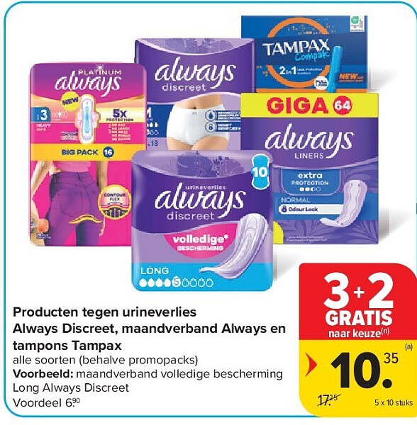 Producten tegen urineverlies Always Discreet, maandverband Always en tampons Tampax