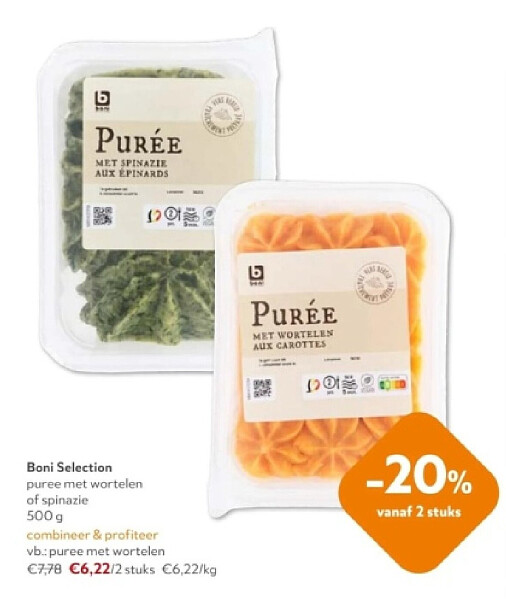 Boni Selection puree met wortelen of spinazie 500 g