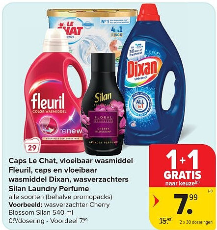 Caps Le Chat, vloeibaar wasmiddel Fleuril, caps en vloeibaar wasmiddel Dixan, wasverzachters Silan Laundry Perfume