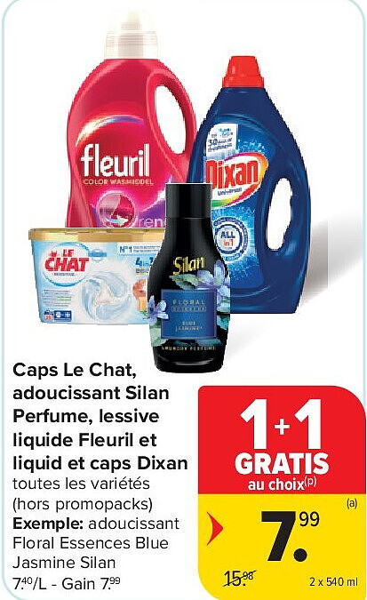 Caps Le Chat, adoucissant Silan Perfume, lessive liquide Fleuril et liquid et caps Dixan 2 x 540 ml