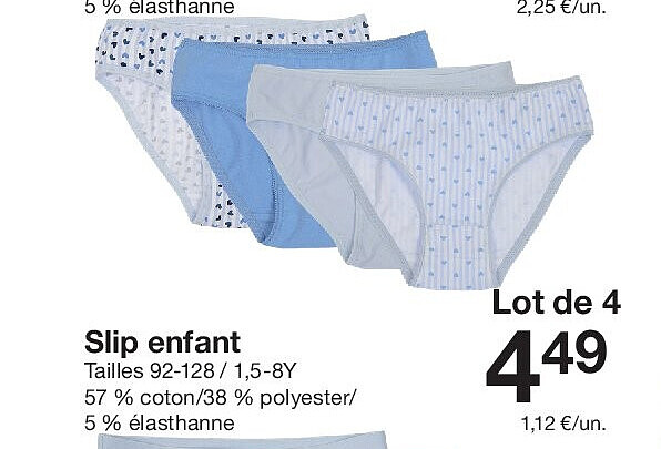 Slip enfant Tailles 92-128 / 1,5-8Y 57 % coton/38 % polyester/ 5 % élasthanne