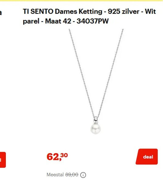 TI SENTO Dames Ketting - 925 zilver - Wit parel - Maat 42 - 34037PW