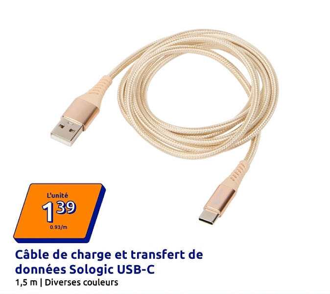 Câble de charge et transfert de données Sologic USB-C