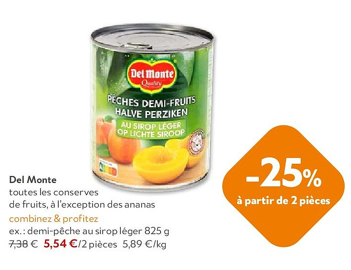 Del Monte demi-pêche au sirop léger 825 g