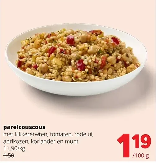 parelcouscous met kikkererwten, tomaten, rode ui, abrikozen, koriander en munt