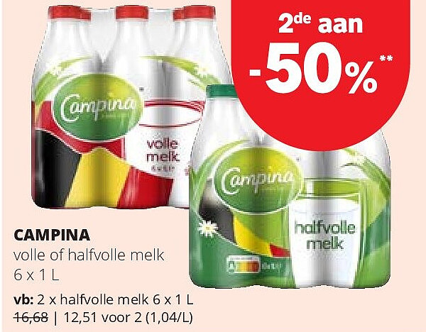 CAMPINA volle of halfvolle melk 6 x 1 L