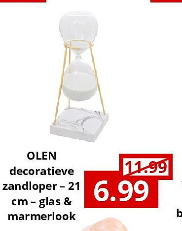 OLEN decoratieve zandloper – 21 cm – glas & marmerlook