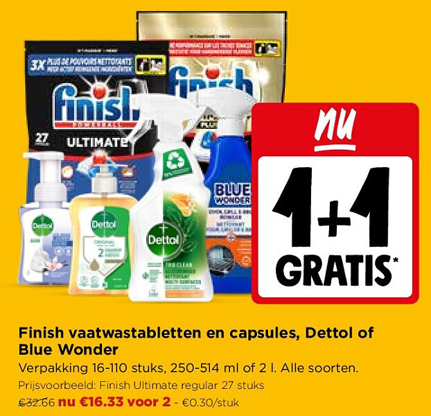 Finish vaatwastabletten en capsules, Dettol of Blue Wonder