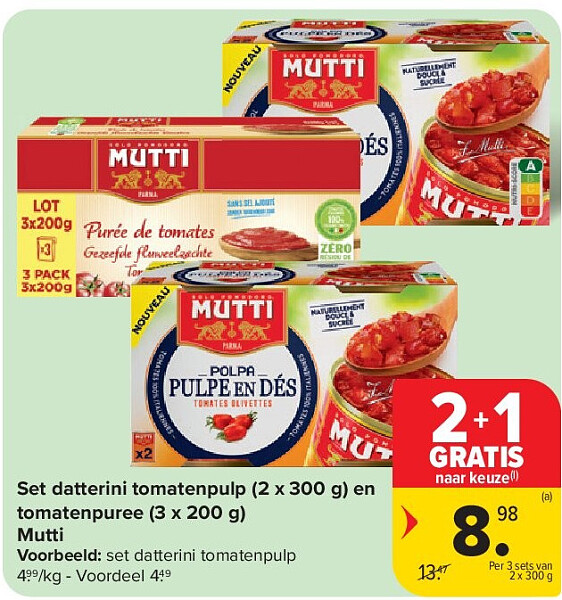 Set datterini tomatenpulp (2 x 300 g) en (b) tomatenpuree (3 x 200 g) Mutti