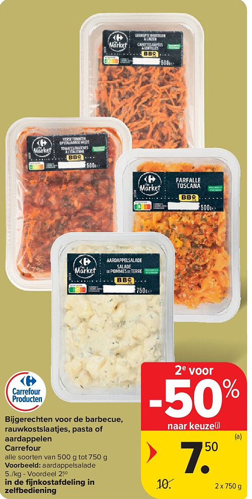 Bijgerechten voor de barbecue, rauwkostslaatjes, pasta of aardappelen Carrefour