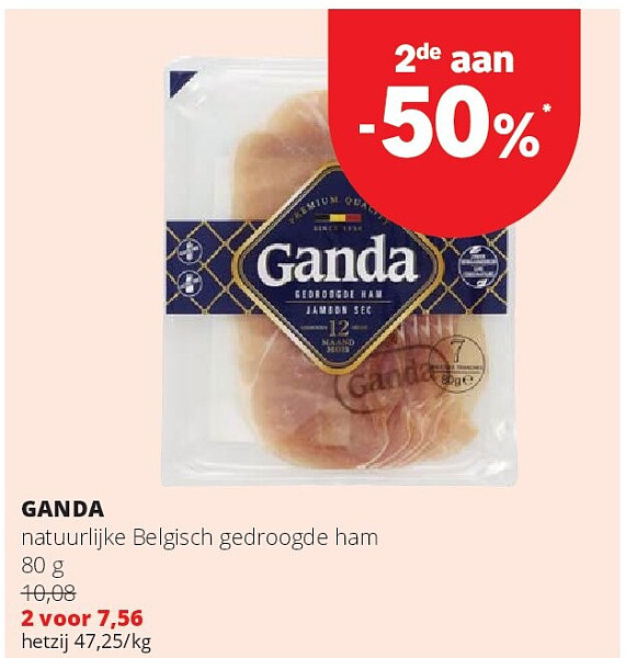 GANDA natuurlijke Belgisch gedroogde ham 80 g