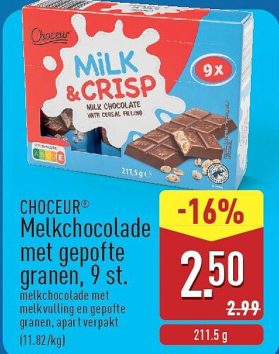 Melkchocolade met gepofte granen, 9st.