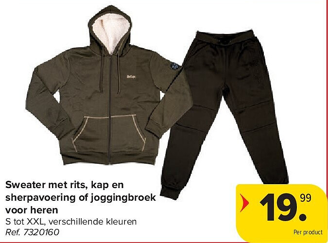 Sweater met rits, kap en sherpavoering of joggingbroek voor heren