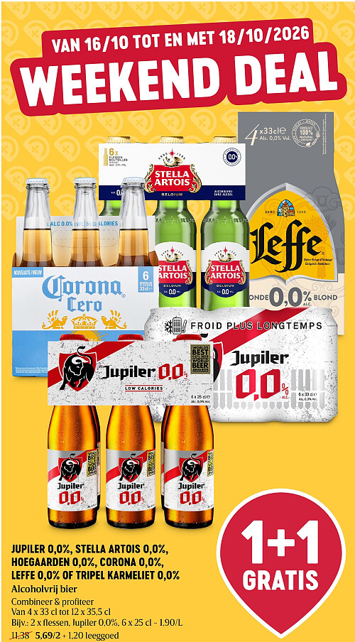 JUPILER 0,0%, STELLA ARTOIS 0,0%, HOEGAARDEN 0,0%, CORONA 0,0%, LEFFE 0,0% OF TRIPEL KARMELIET 0,0% Alcoholvrij bier