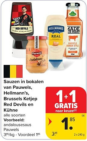 Sauzen in bokalen van Pauwels, Hellmann’s, Brussels Ketjep Red Devils en Kühne