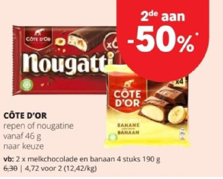 CÔTE D'OR melkchocolade en banaan 4 stuks 190 g