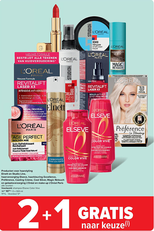 Producten voor haarstyling Elnett en Studio Line, haarverzorging Elseve, haarkleuring Excellence, Préférence, Casting Crème, Cool Silver, Magic Retouch en gelaatsverzorging L’Oréal en make-up L’Oréal Paris