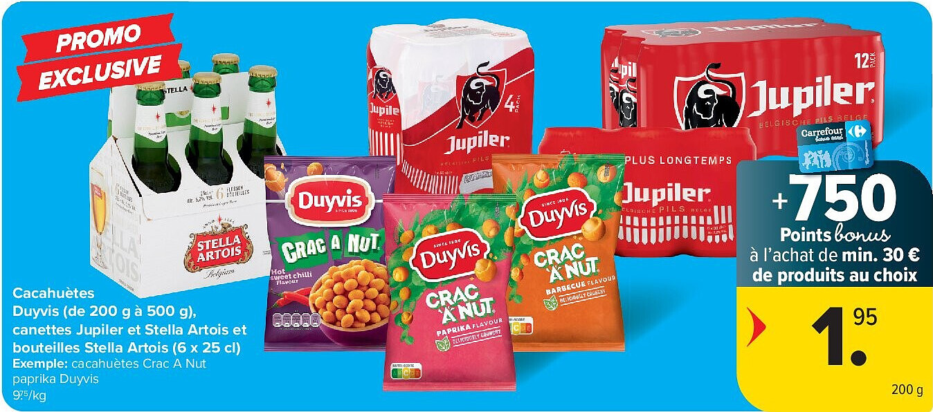 Cacahuètes Duyvis (de 200 g à 500 g), canettes Jupiler et Stella Artois et bouteilles Stella Artois (6 x 25 cl)