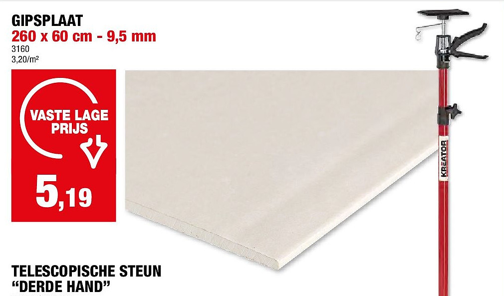 GIPSPLAAT 260 x 60 cm - 9,5 mm