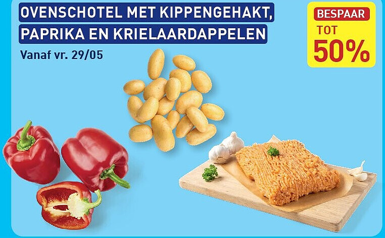 OVENSCHOTEL MET KIPPENGEHAKT, PAPRIKA EN KRIELAARDAPPELEN