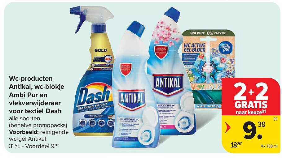 Wc-producten Antikal, wc-blokje Ambi Pur en vlekverwijderaar voor textiel Dash