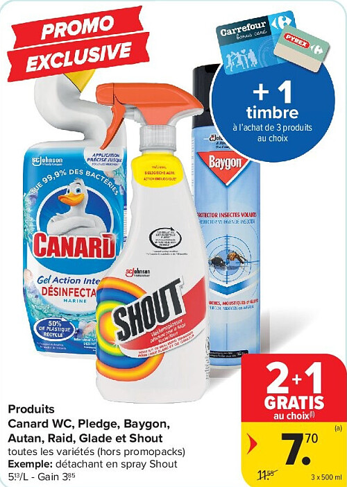 Produits Canard WC, Pledge, Baygon, Autan, Raid, Glade et Shout 3 x 500 ml