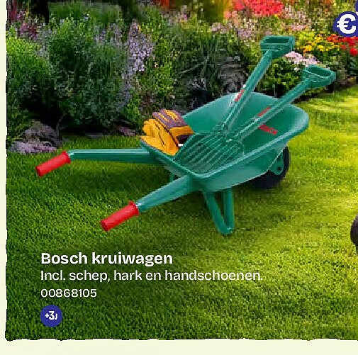 Bosch kruiwagen Incl. schep, hark en handschoenen.