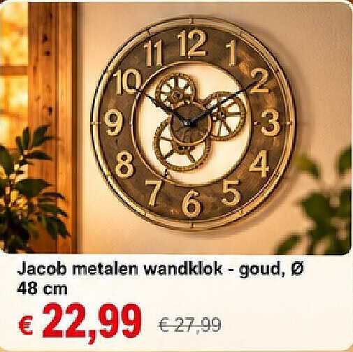 Jacob metalen wandklok - goud, Ø 48 cm
