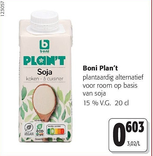 Boni Plan’t plantaardig alternatief voor room op basis van soja 15 % V.G. 20 cl