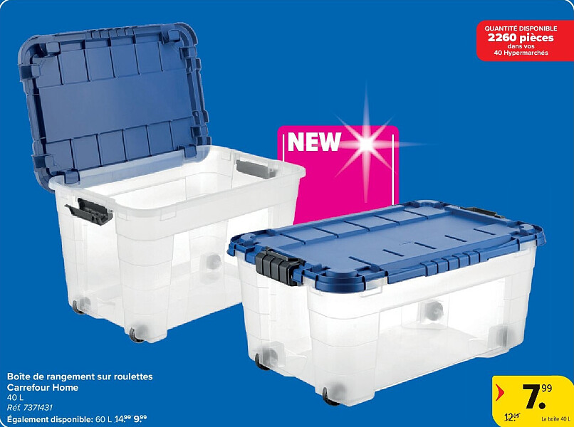 Boîte de rangement sur roulettes Carrefour Home 40 L