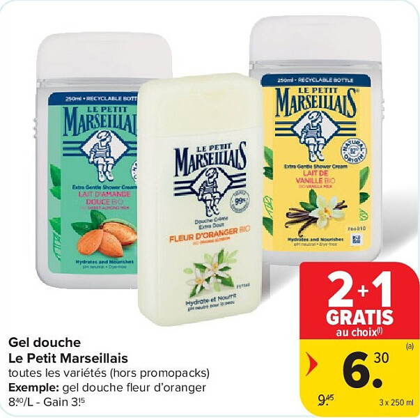 Gel douche Le Petit Marseillais 3 x 250 ml