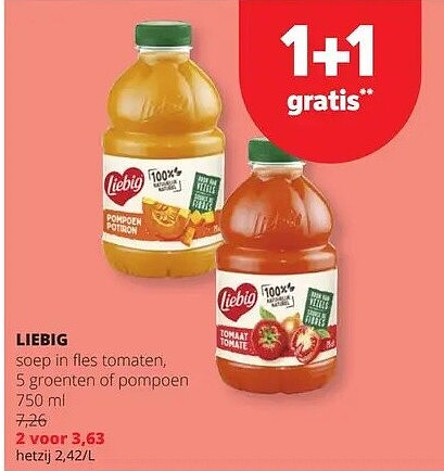 LIEBIG soep in fles tomaten, 5 groenten of pompoen 750 ml