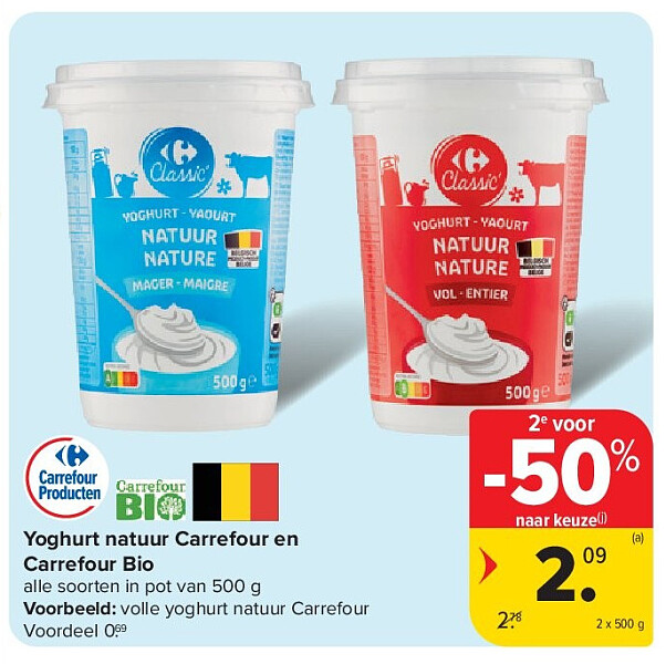 Yoghurt natuur Carrefour en Carrefour Bio