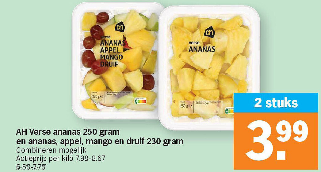 AH Verse ananas 250 gram en ananas, appel, mango en druif 230 gram