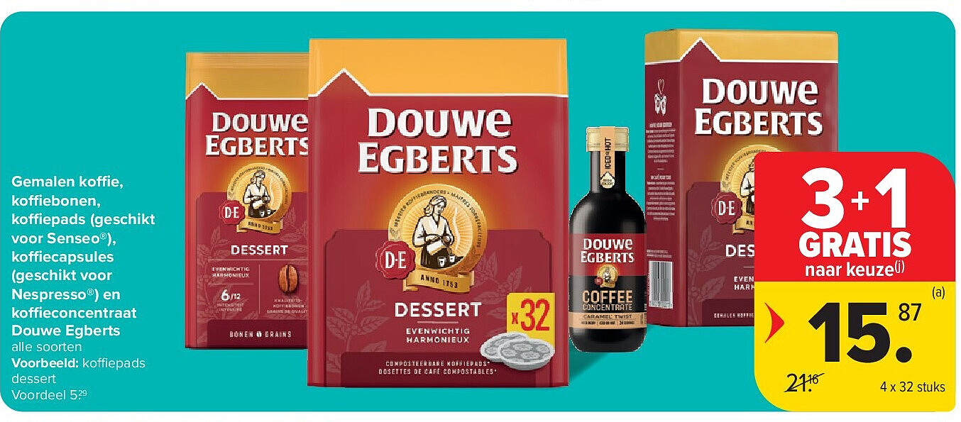 Gemalen koffie, koffiebonen, koffiepads (geschikt voor Senseo®), koffiecapsules (geschikt voor Nespresso®) en koffieconcentraat Douwe Egberts