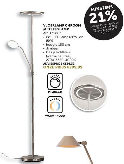 VLOERLAMP CHROOM MET LEESLAMP