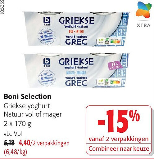 Boni Selection Griekse yoghurt Natuur vol of mager 2 x 170 g