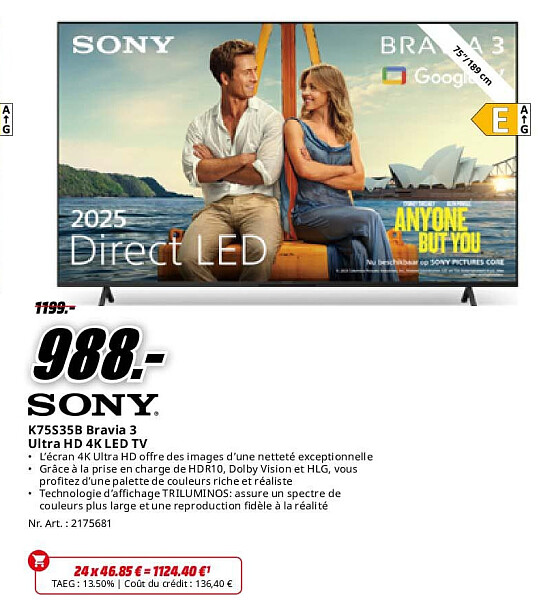 Sony K75S35B Bravia 3 Ultra HD 4K LED TV