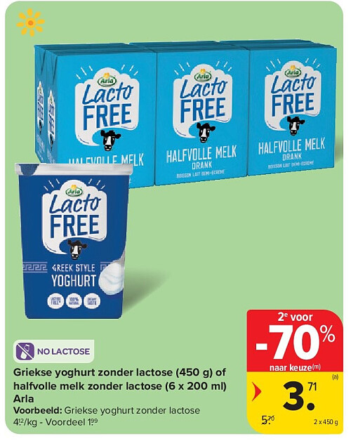 Griekse yoghurt zonder lactose (450 g) of halfvolle melk zonder lactose (6 x 200 ml) Arla
