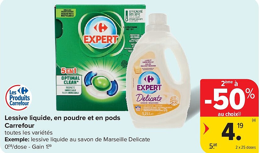 Lessive liquide, en poudre et en pods Carrefour 2 x 25 doses