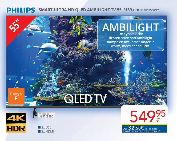 Philips SMART ULTRA HD QLED AMBILIGHT TV 55’’/139 cm 55PUS8550/12