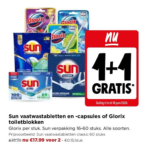 Sun vaatwastabletten en -capsules of Glorix toiletblokken