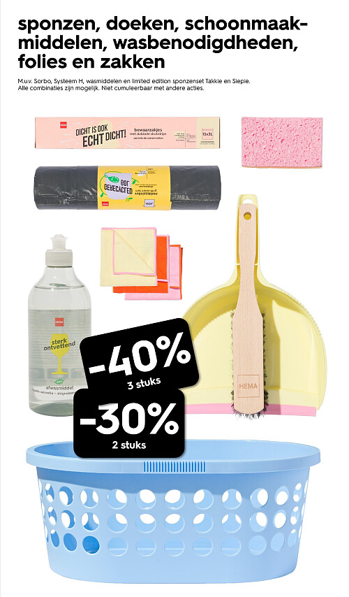 sponzen, doeken, schoonmaakmiddelen, wasbenodigdheden, folies en zakken
