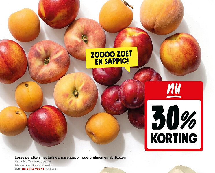 Losse perziken, nectarines, paraguayo, rode pruimen en abrikozen