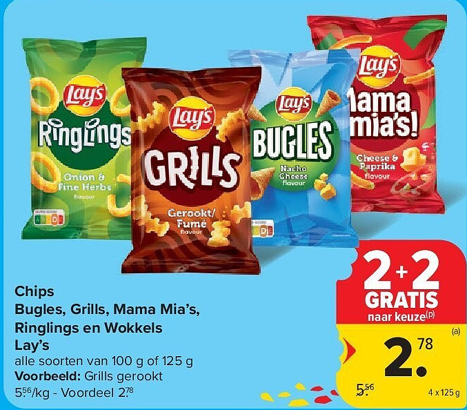 Chips Bugles, Grills, Mama Mia’s, Ringlings en Wokkels Lay’s