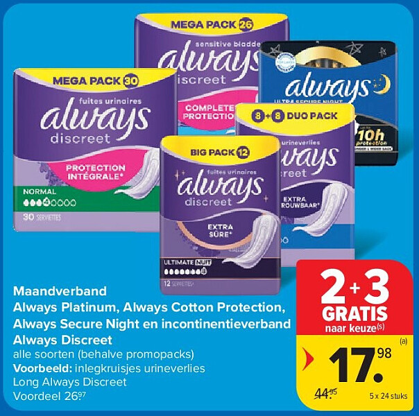 Maandverband Always Platinum, Always Cotton Protection, Always Secure Night en incontinentieverband Always Discreet