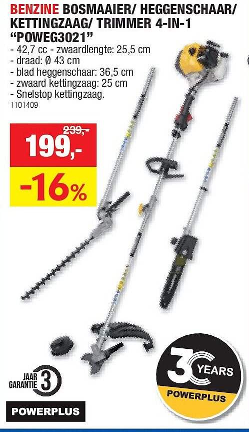 BENZINE BOSMAAIER/ HEGGENSCHAAR/ KETTINGZAAG/ TRIMMER 4-IN-1 “POWEG3021”