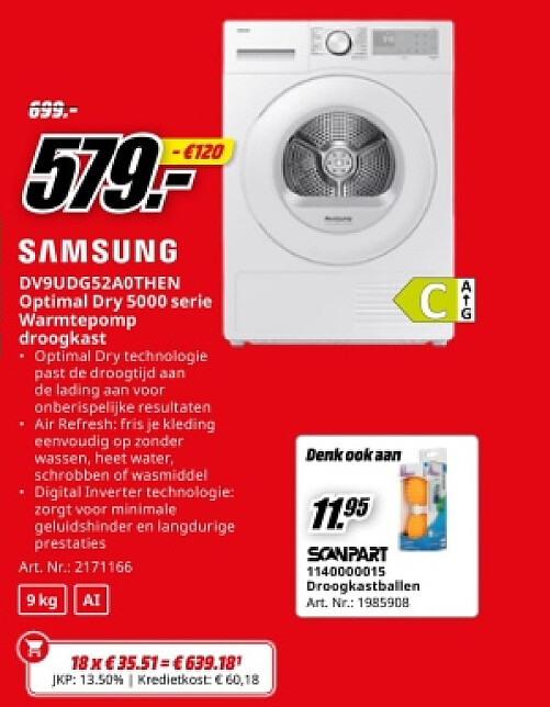 SAMSUNG DV9UDG52A0THEN Optimal Dry 5000 serie Warmtepomp droogkast