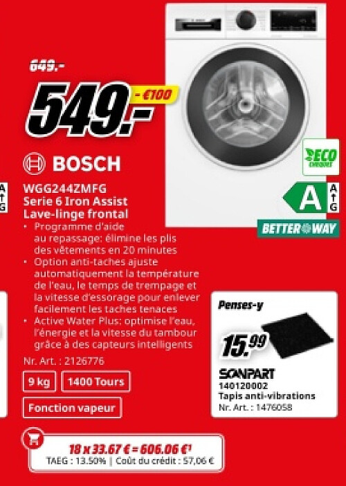 BOSCH WGG244ZMFG Serie 6 Iron Assist Lave-linge frontal